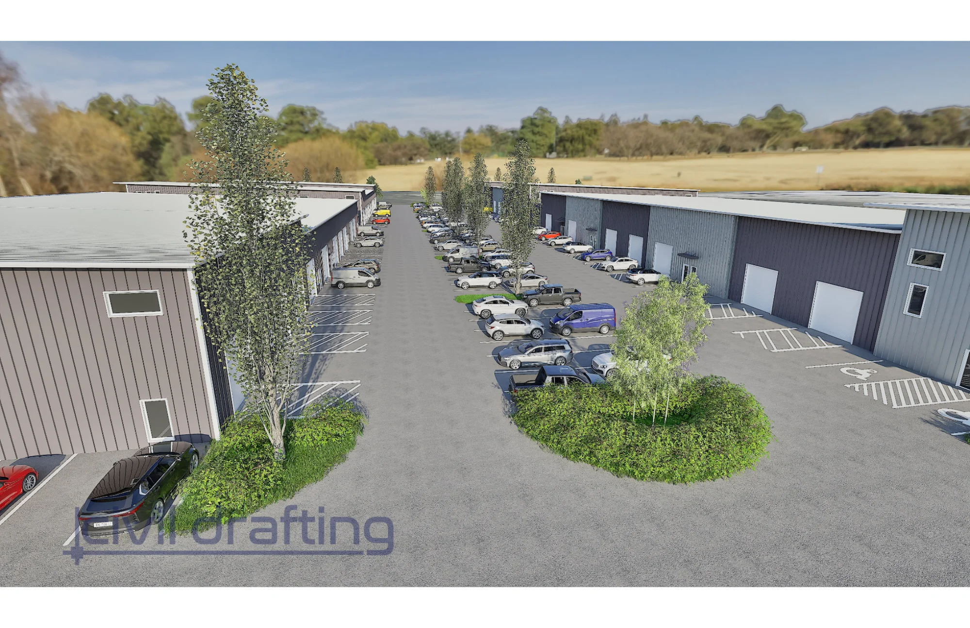 Industrial Site Rendering with Parking Layout - Dallas TX. This rendering illustrates the full industrial site layout at Leopard Industrial Park, including warehouse units, ADA-compliant parking, and efficient vehicle circulation design for commercial operations in Dallas, Texas.