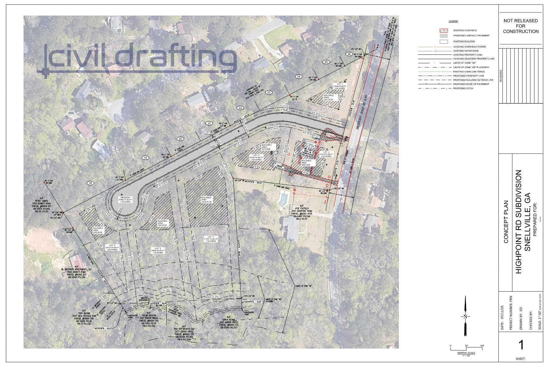 Concept Site Plan Layout - Highpoint Road Subdivision. Conceptual site plan for a residential subdivision, including lot layout, internal road alignment, and site access design.
