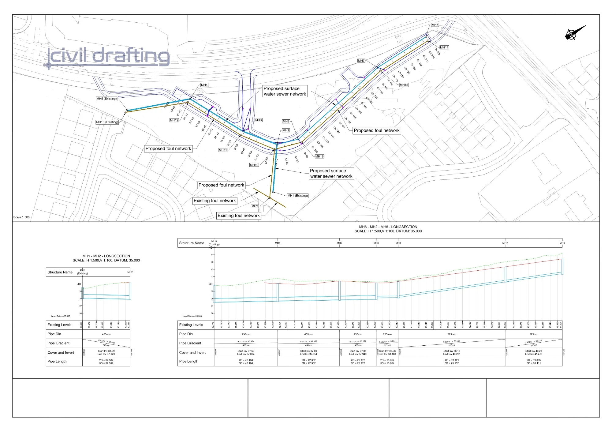 Utility Network Layout and Pipe Profiles - CP Subdivision. This drawing presents a subdivision utility layout including proposed sewer and stormwater networks, along with detailed pipe profiles showing elevations, slopes, and connections.