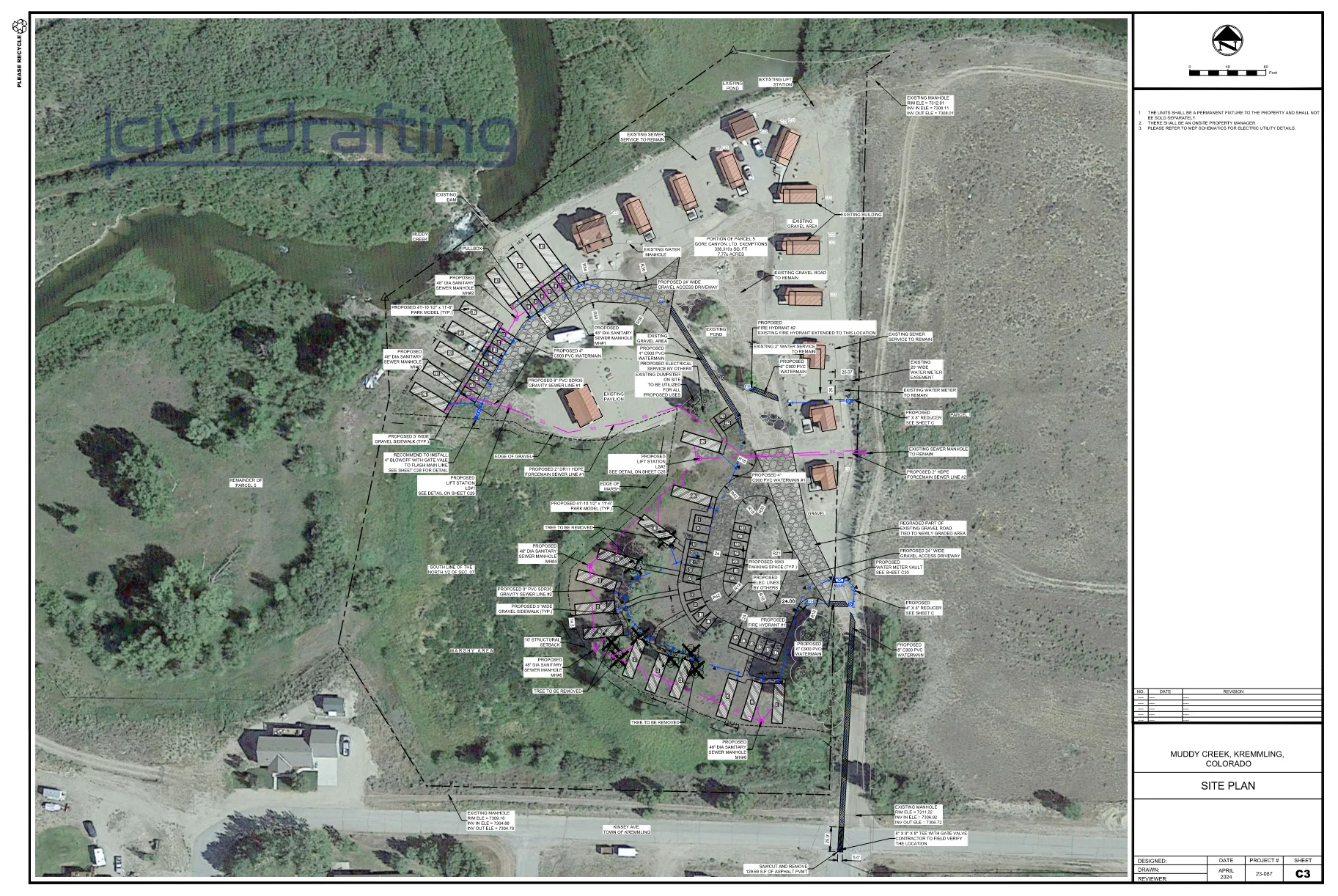 Site Plan Cabin Development Layout - Muddy Creek. This image provides an aerial-based site plan showing the integration of new cabins, parking spaces, and roadway access within the existing terrain, along with coordinated utility placement.