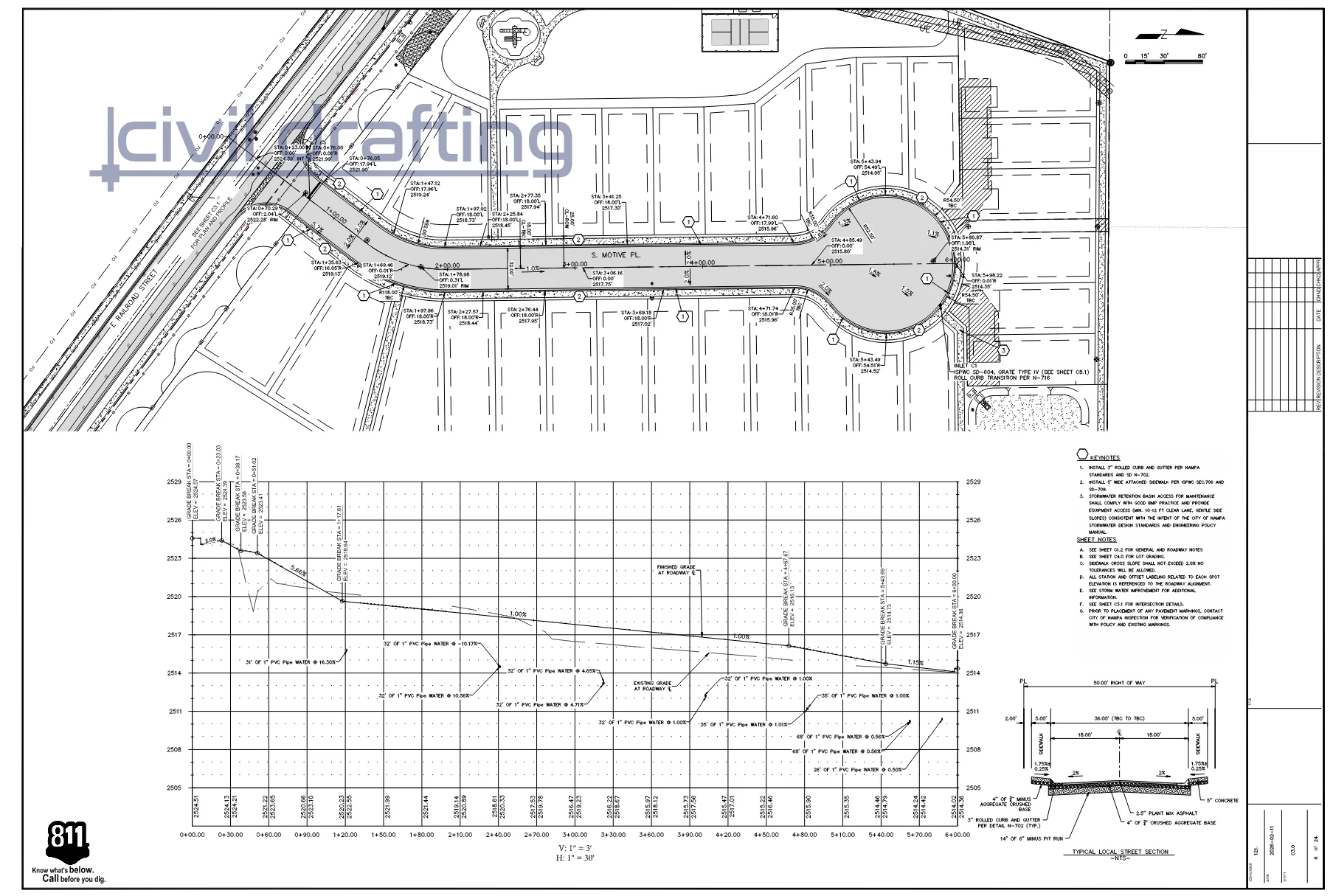 Plan and profile of S. Motive Pl. with stationing, spot elevations, and typical local street section for the Grand Central subdivision
