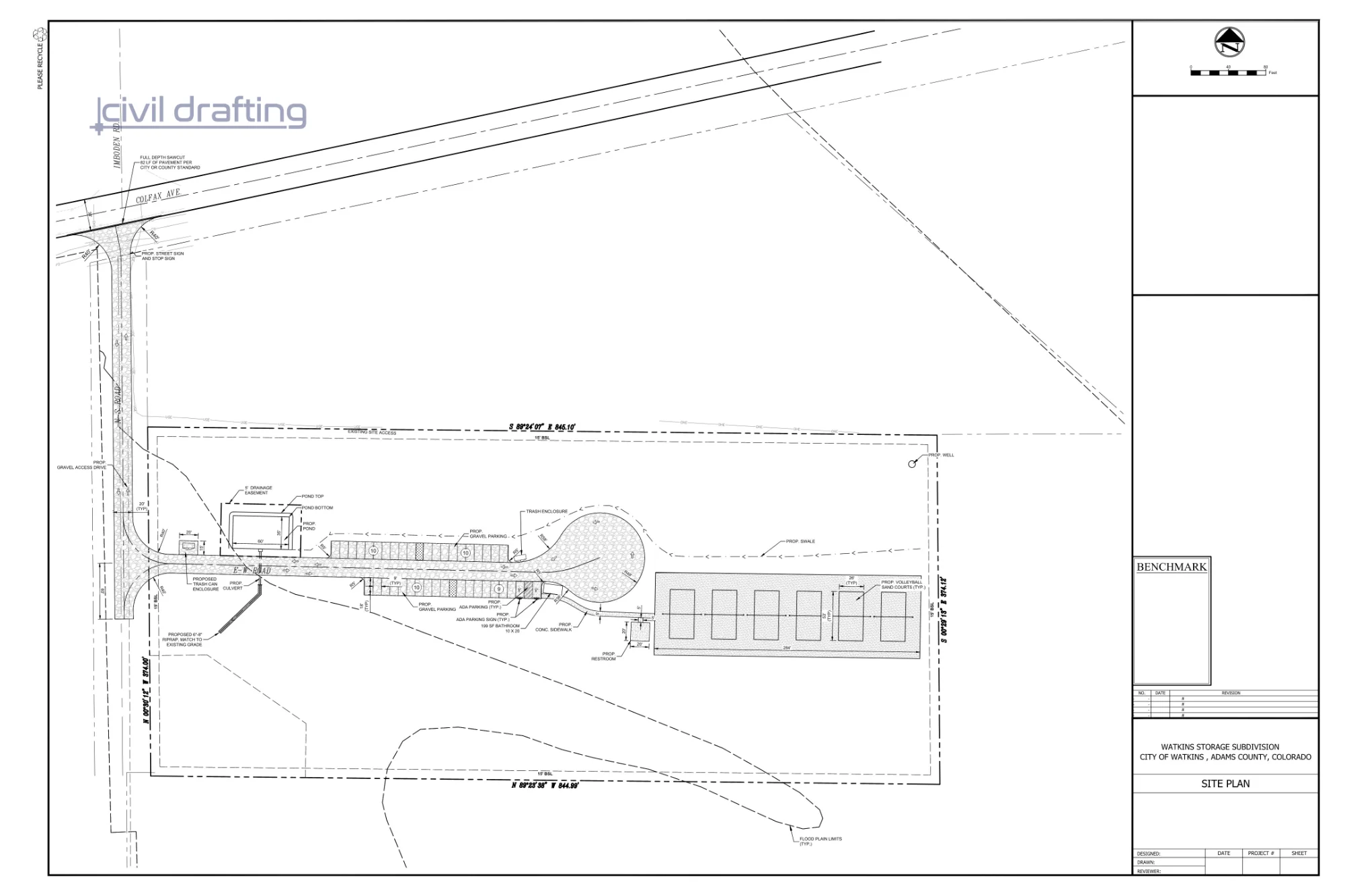 Site plan with six sand volleyball courts, gravel parking with accessible spaces, restroom, access roads, and stormwater pond in Watkins, Colorado
