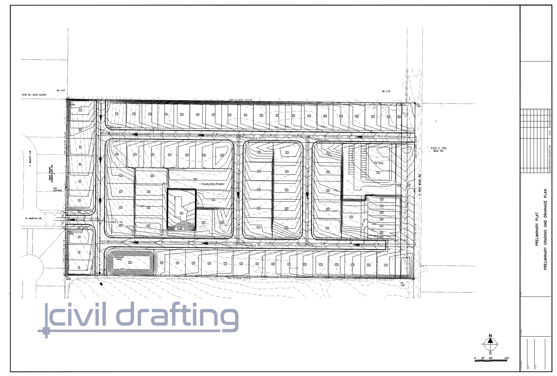Preliminary grading and drainage plan with lot layout, internal streets, pavilion park, and drainage pond