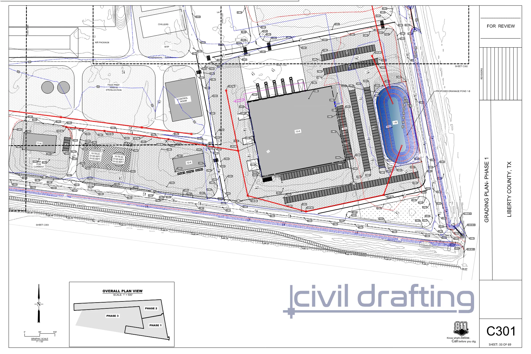 Grading plan sheet with spot elevations, parking areas, and proposed drainage pond 1-B