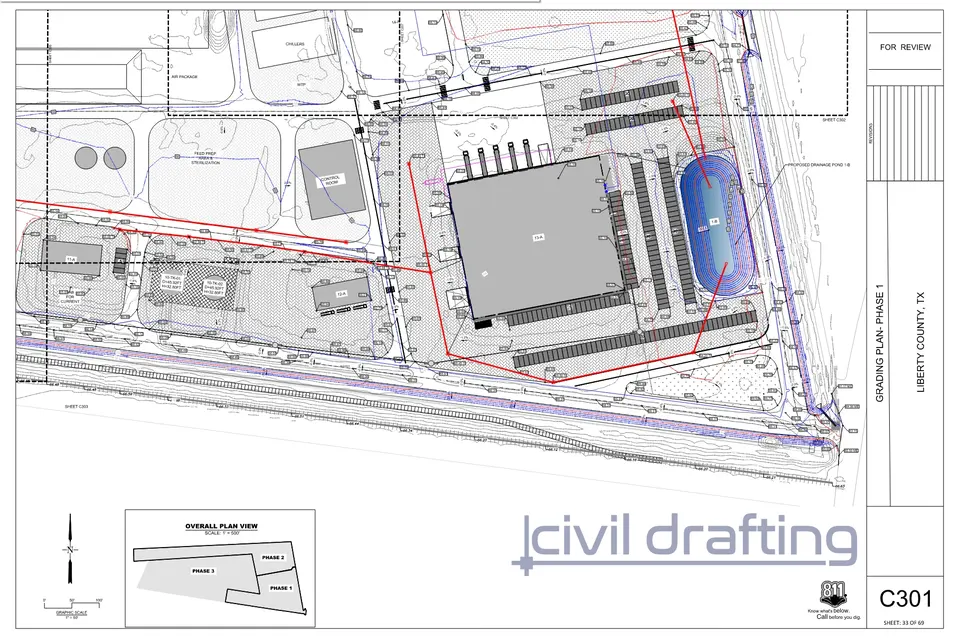 Grading plan sheet with spot elevations, parking areas, and proposed drainage pond 1-B