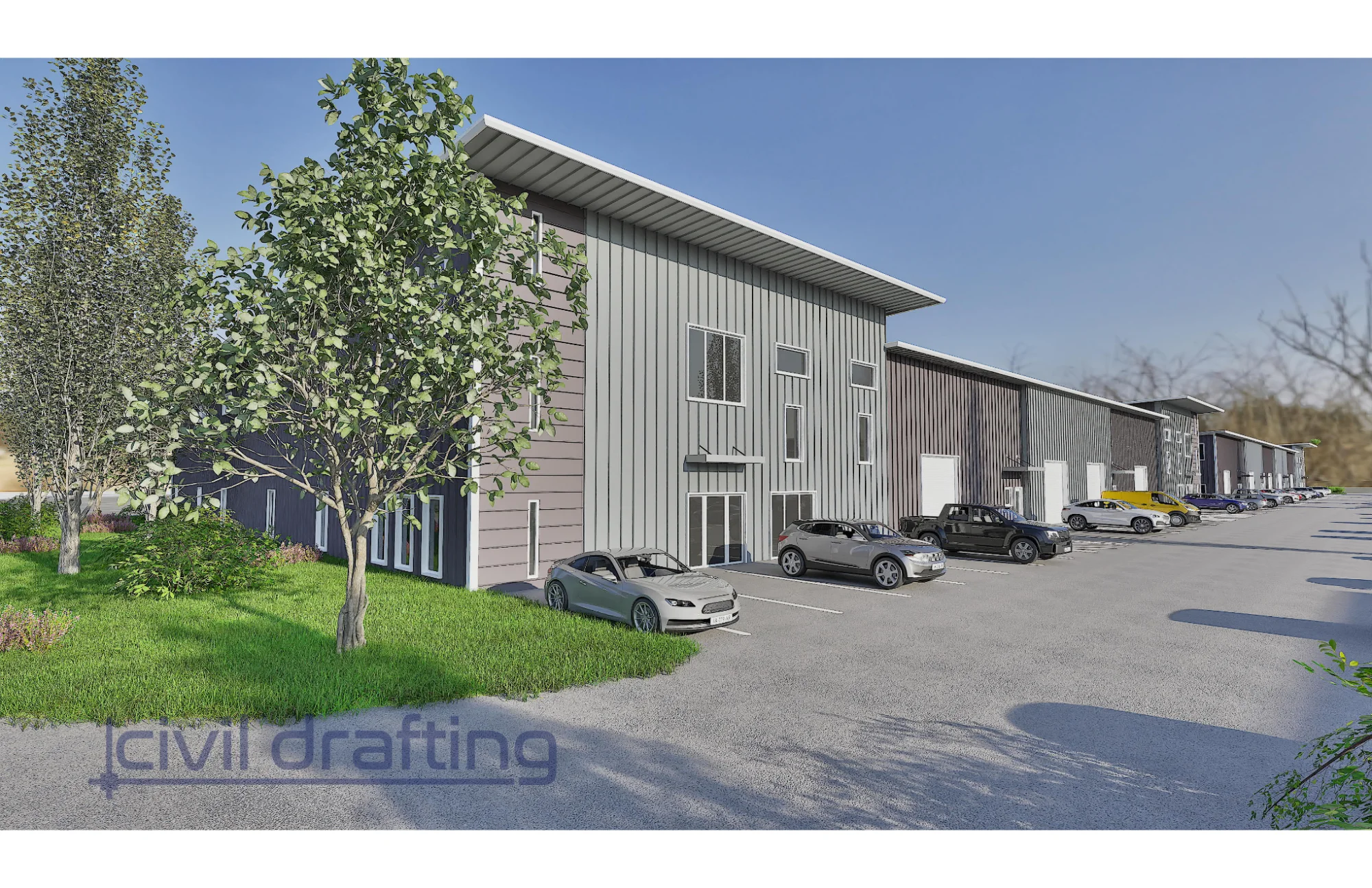 Warehouse Building Rendering - Leopard Industrial Park Dallas TX. 3D rendering of a modern industrial warehouse building at Leopard Industrial Park in Dallas, Texas. The design features clean facade elements, parking access, and landscaped areas to enhance functionality and site aesthetics.