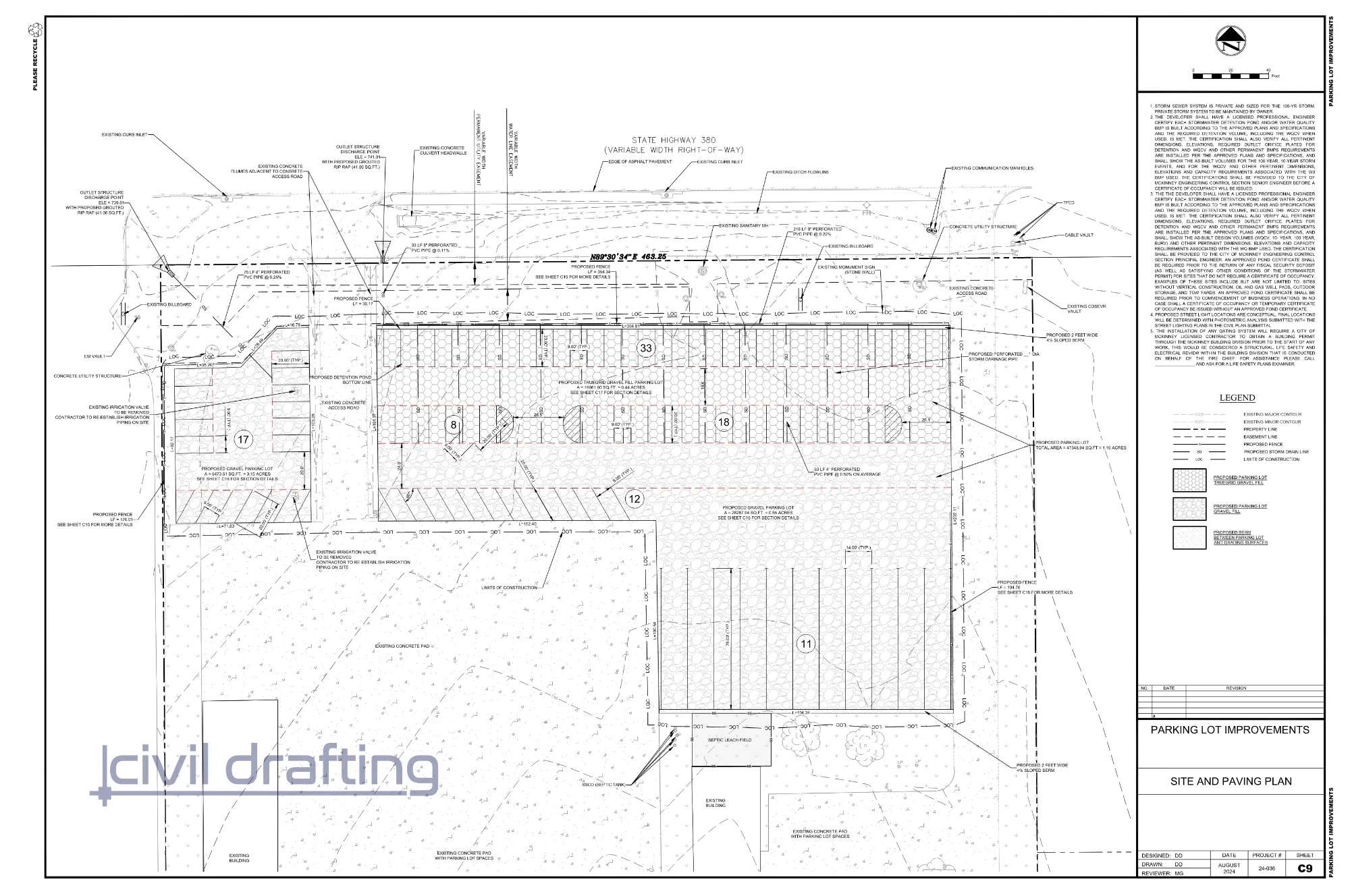 Parking Lot Site and Paving Plan -  University Dr Parking Lot. Plan detailing parking configuration, pavement types including permeable pavers, and overall site layout design.