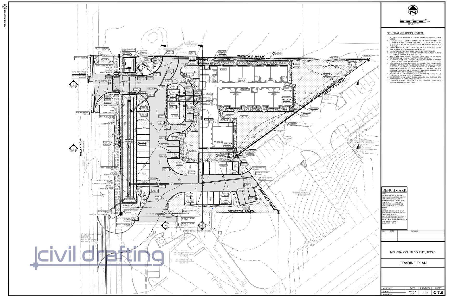 Grading Plan – Miller Road Montessori School. This plan provides detailed elevation data, slopes, and retaining wall locations to ensure proper site drainage, accessibility compliance, and smooth integration with existing conditions.