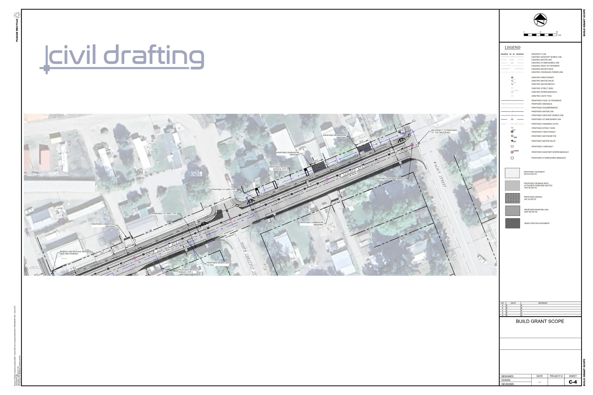 Infrastructure Plan Segment 4 - Town of Hayden Lincoln Avenue. This final segment shows continued roadway reconstruction with storm drainage, utility connections, and pavement improvements completing the Lincoln Avenue upgrade corridor.