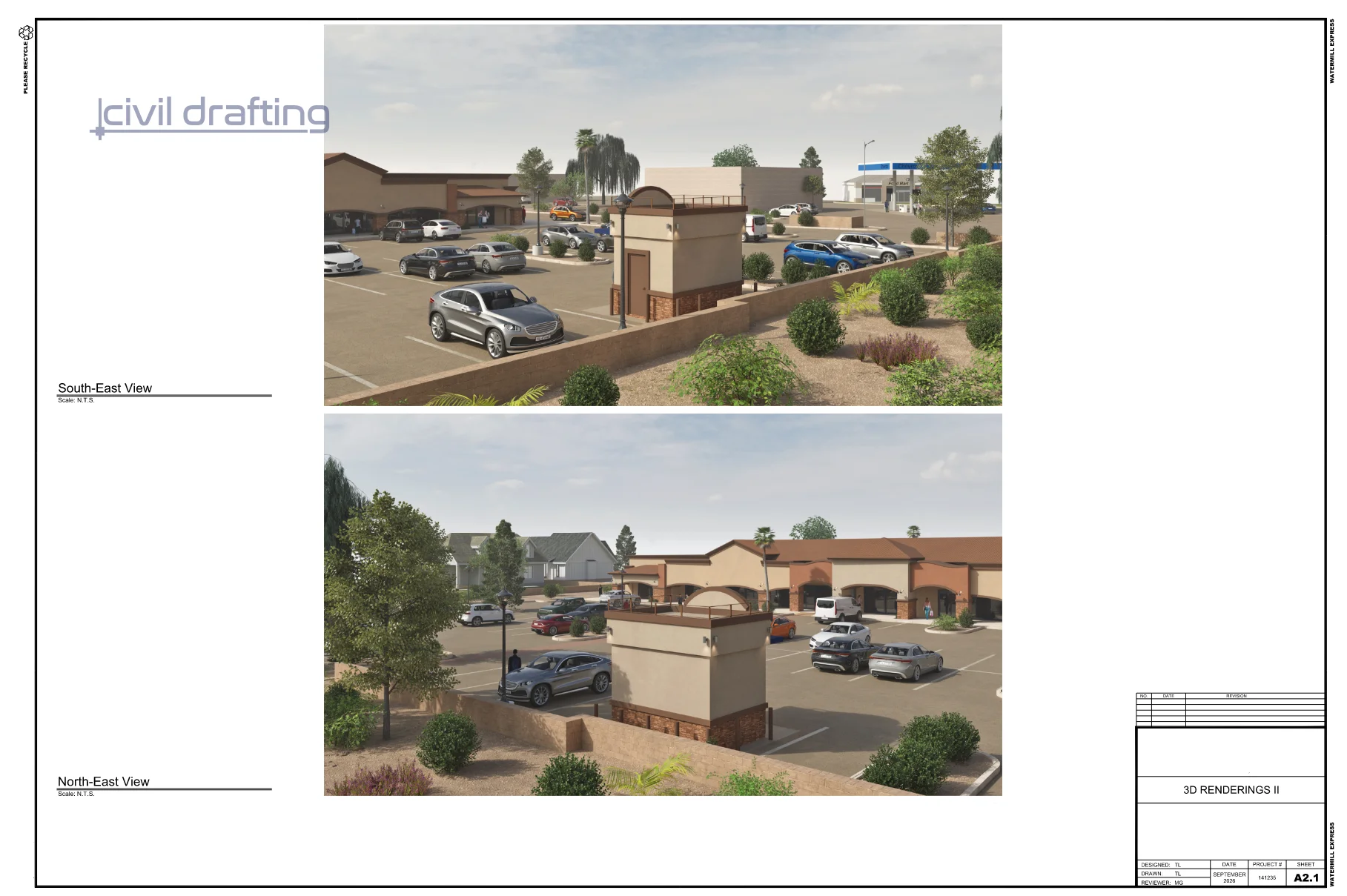 Ice & Water Kiosk 3D Rendering South-East and North-East view. Commercial kiosk rendering illustrating architectural design, parking lot integration, pedestrian access, and surrounding landscape features.