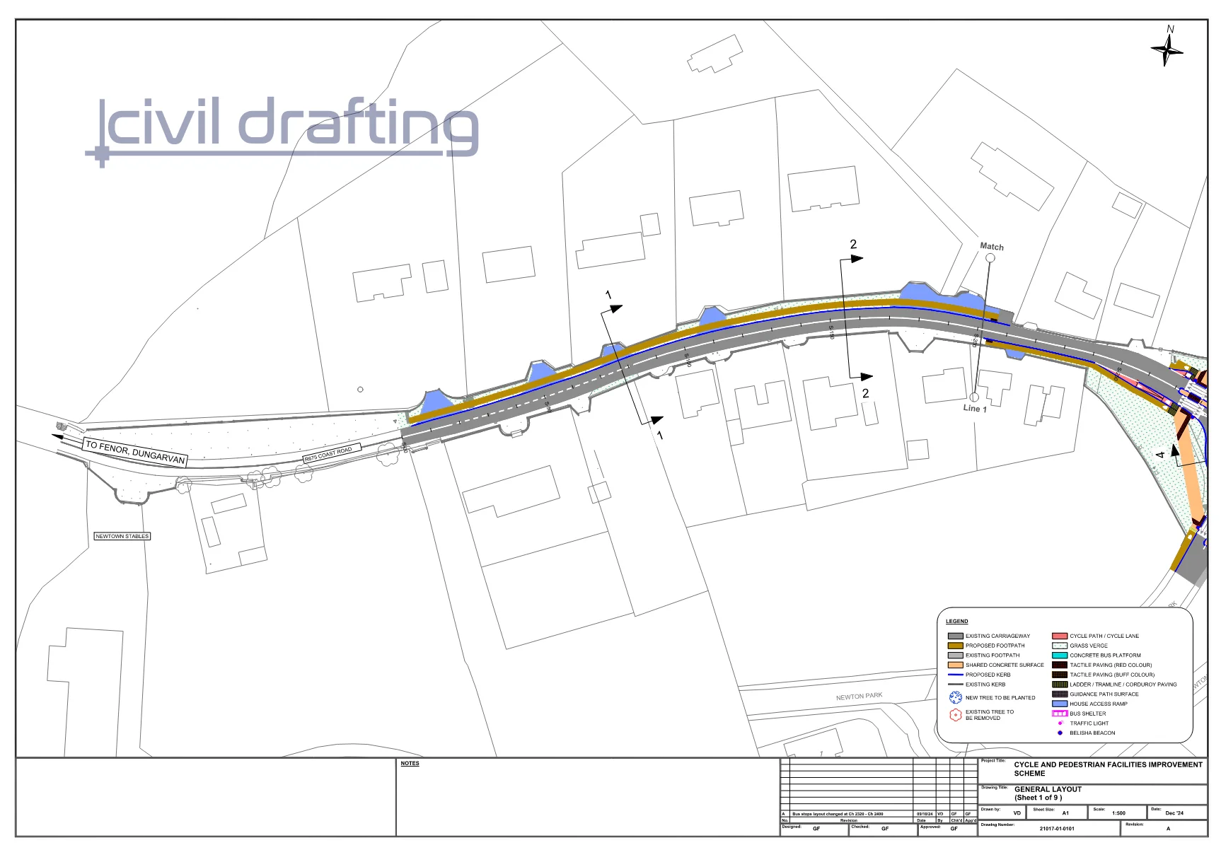 General Layout Section 1 - Tramore Ring Road Reconstruction. This sheet presents the initial section of the reconstruction, including updated roadway alignment, drainage layout, and dedicated cycling infrastructure.