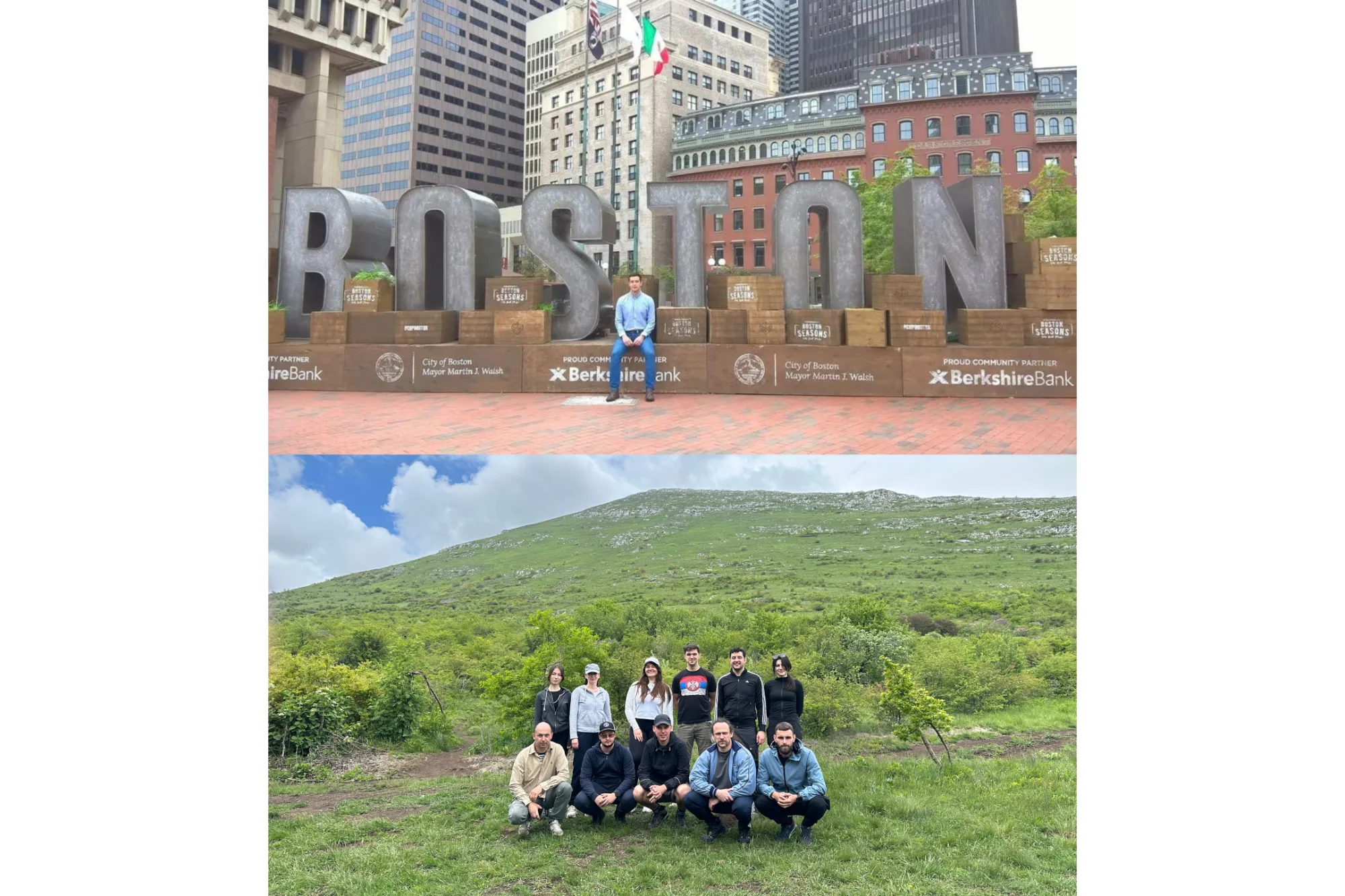 The founder of Civil Drafting during a Work & Travel stay in the United States, 2017 vs The Civil Drafting team together on a mountain 2026