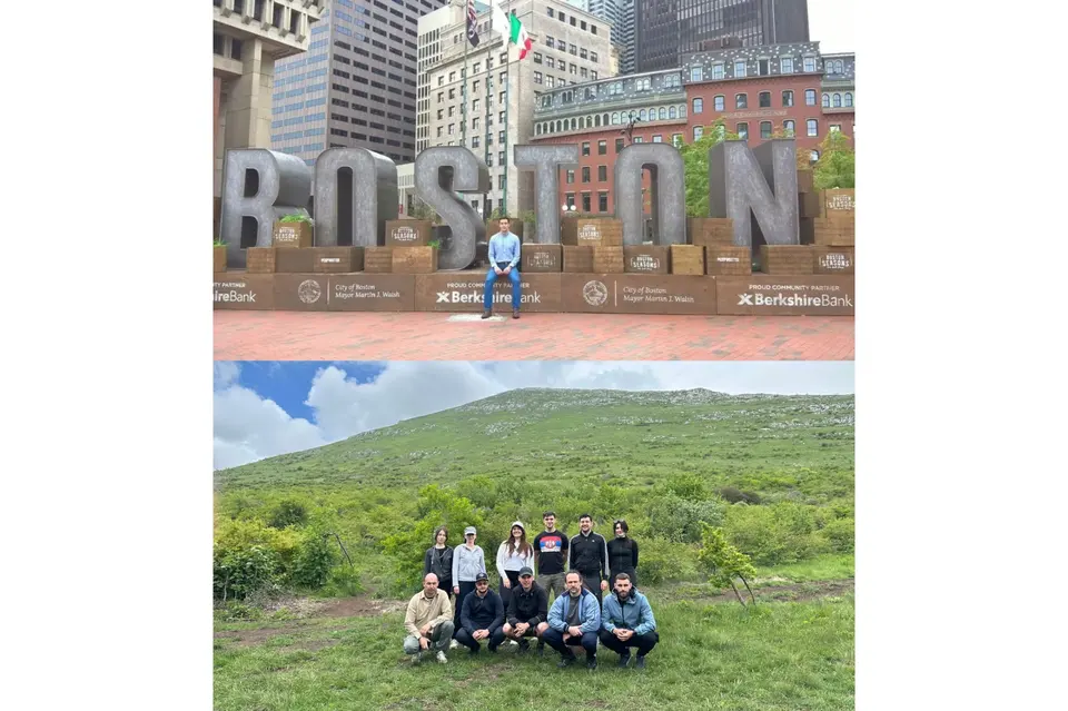 The founder of Civil Drafting during a Work & Travel stay in the United States, 2017 vs The Civil Drafting team together on a mountain 2026