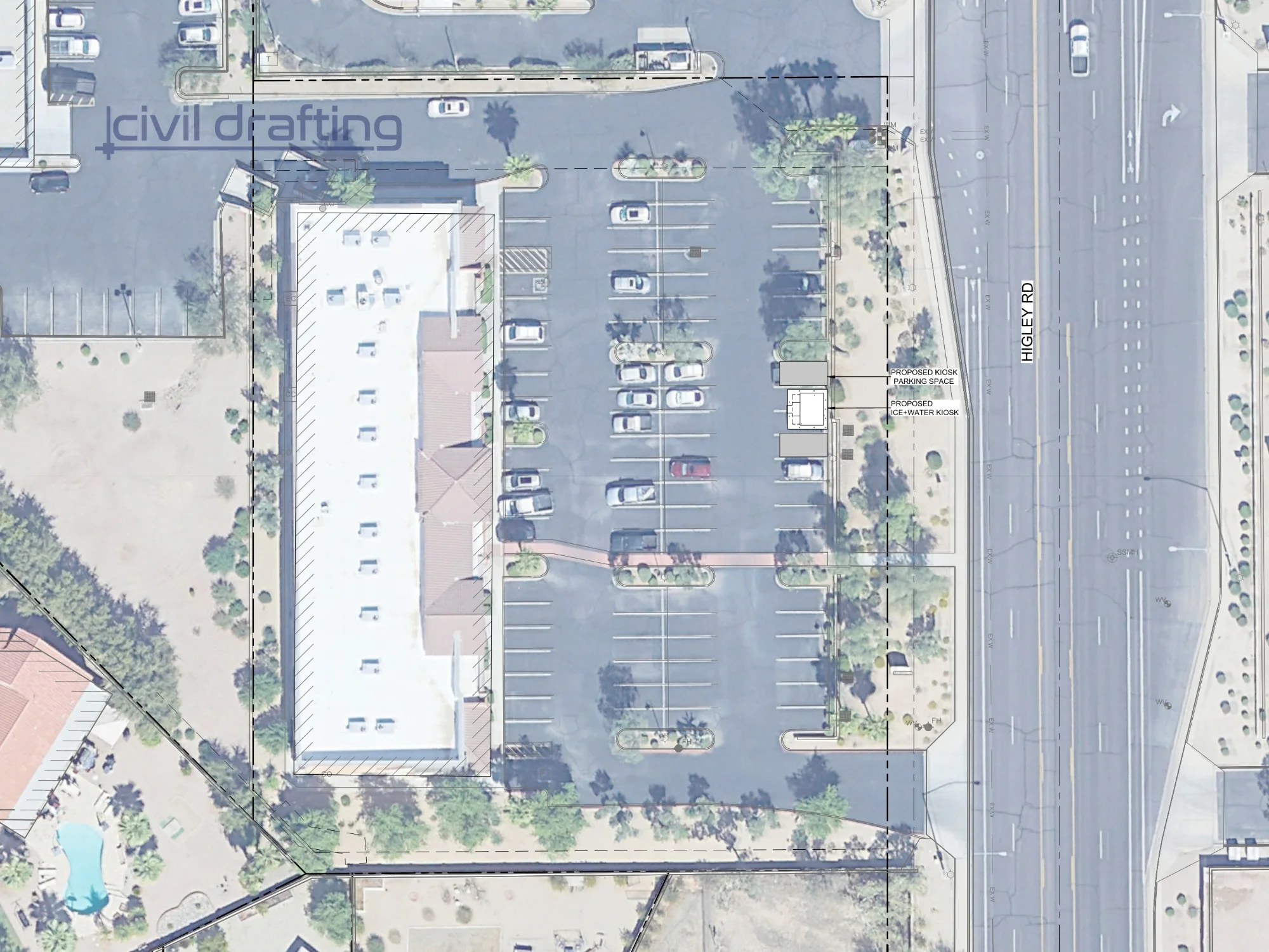 Ice & Water Kiosk Aerial Site Location Plan. Aerial overview illustrating the proposed kiosk location within the retail development and its relationship to adjacent parking and roadway infrastructure.