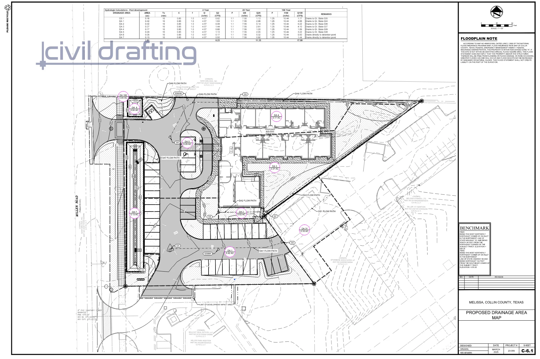 Grading Plan – Miller Road Montessori School. This plan provides detailed elevation data, slopes, and retaining wall locations to ensure proper site drainage, accessibility compliance, and smooth integration with existing conditions.