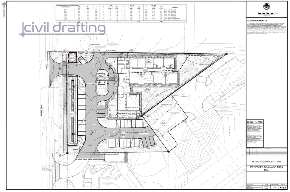 Grading Plan – Miller Road Montessori School. This plan provides detailed elevation data, slopes, and retaining wall locations to ensure proper site drainage, accessibility compliance, and smooth integration with existing conditions.