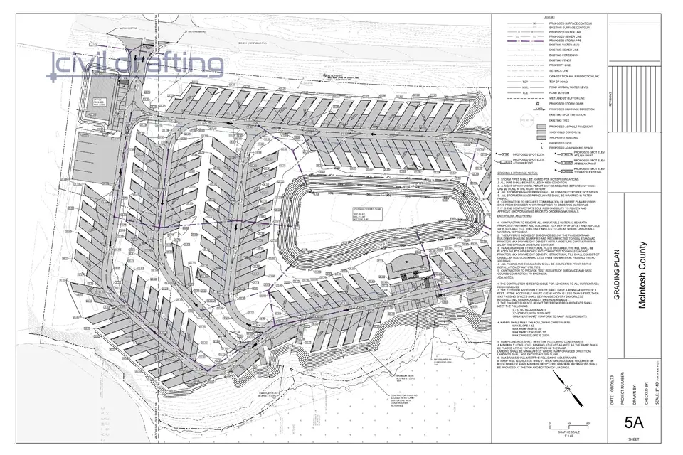 Grading Plan - Oak Bluff RV Park. Grading plan showing proposed contours, elevation changes, and drainage flow to ensure proper site functionality and stormwater management.