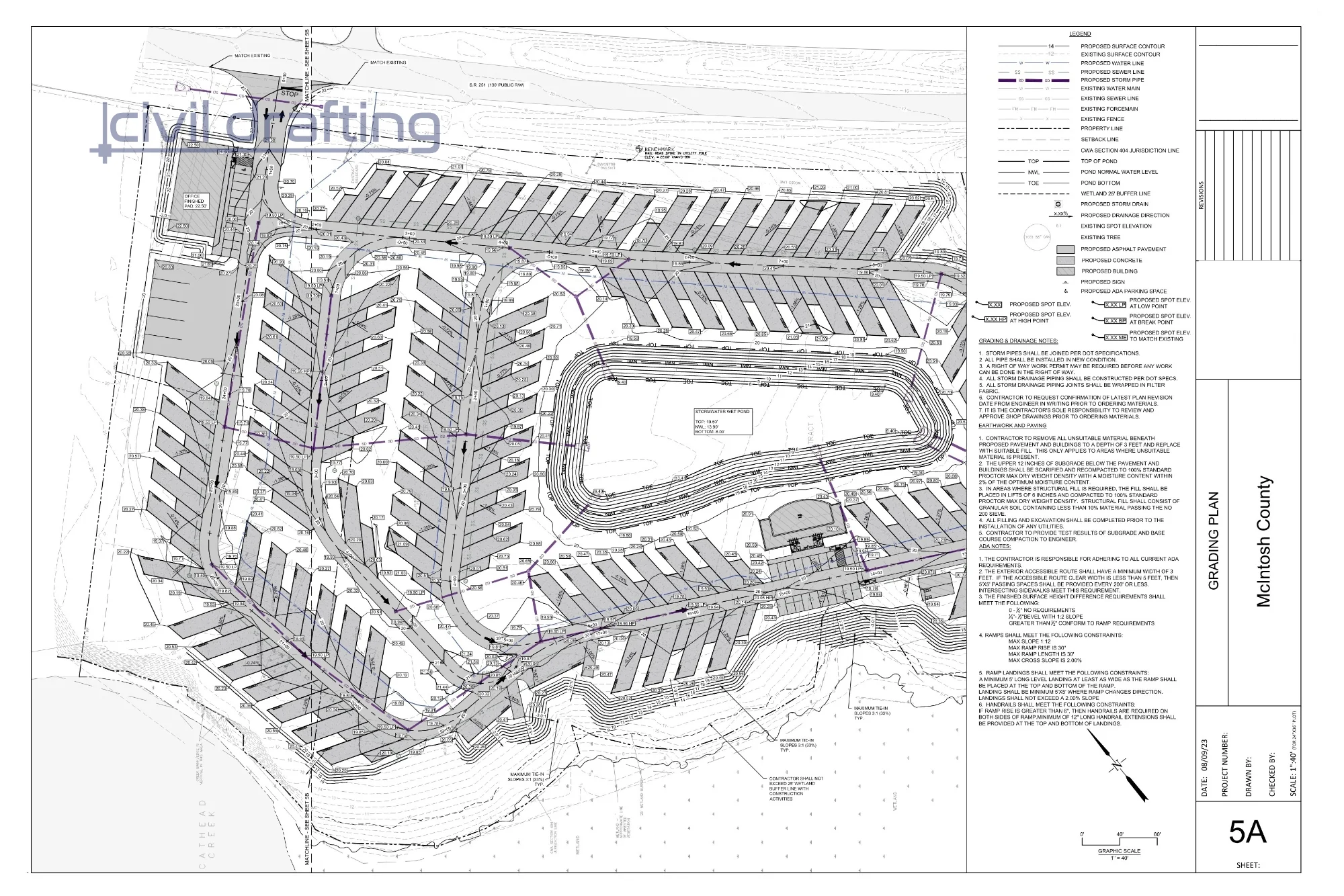 Grading Plan - Oak Bluff RV Park. Grading plan showing proposed contours, elevation changes, and drainage flow to ensure proper site functionality and stormwater management.