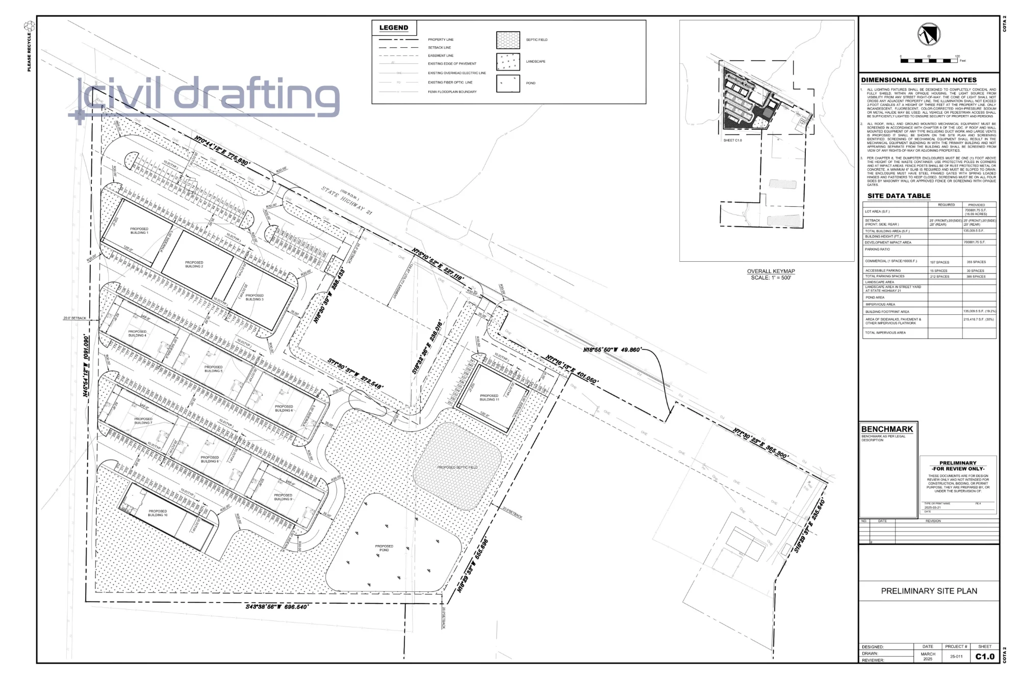 Preliminary Site Plan - Cota 2. Preliminary site plan showing residential lot layout, internal roadway network, parking areas, building footprints, and designated drainage and open space areas.