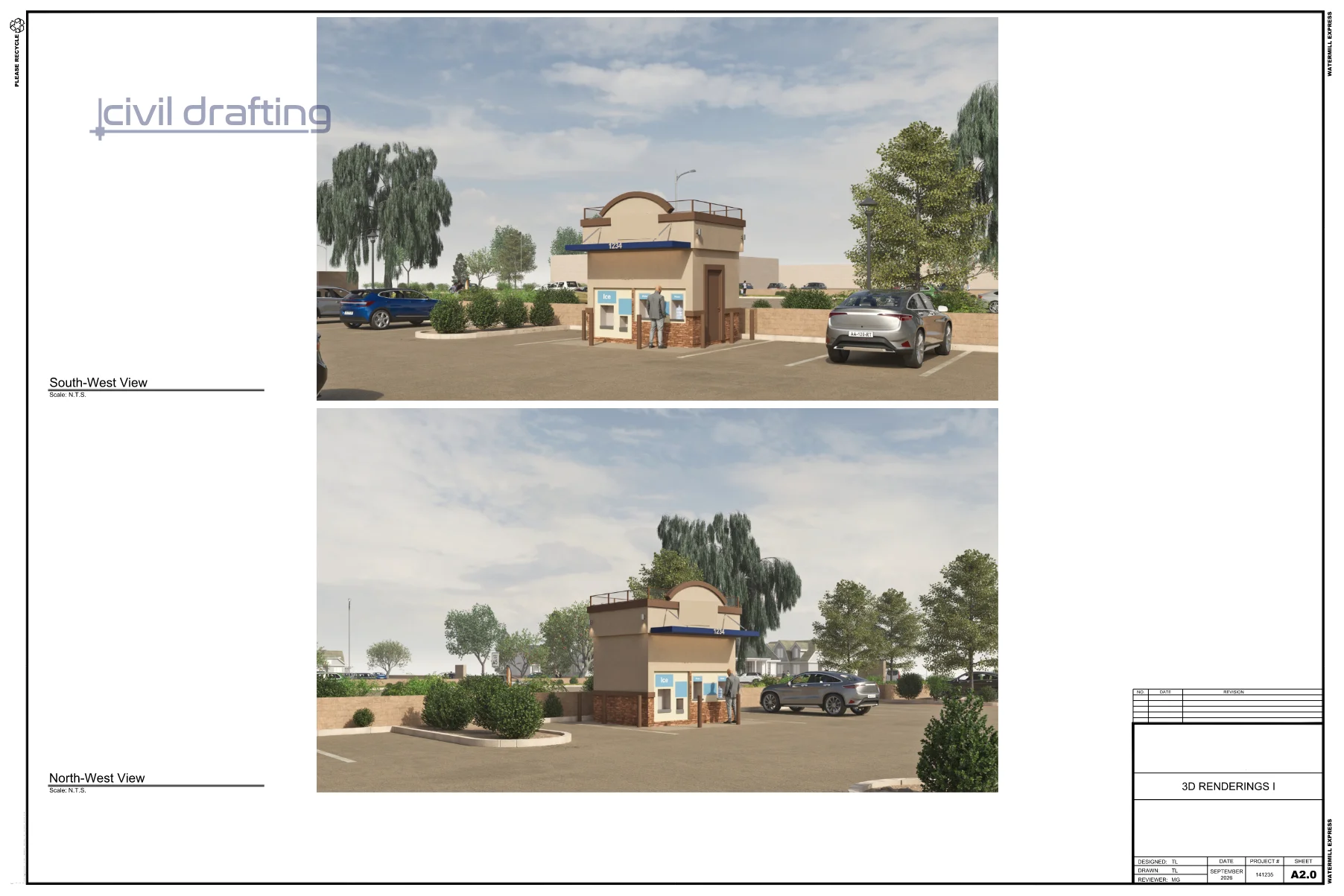 Ice & Water Kiosk 3D Rendering South-West and North-West view. Commercial kiosk rendering illustrating architectural design, parking lot integration, pedestrian access, and surrounding landscape features.