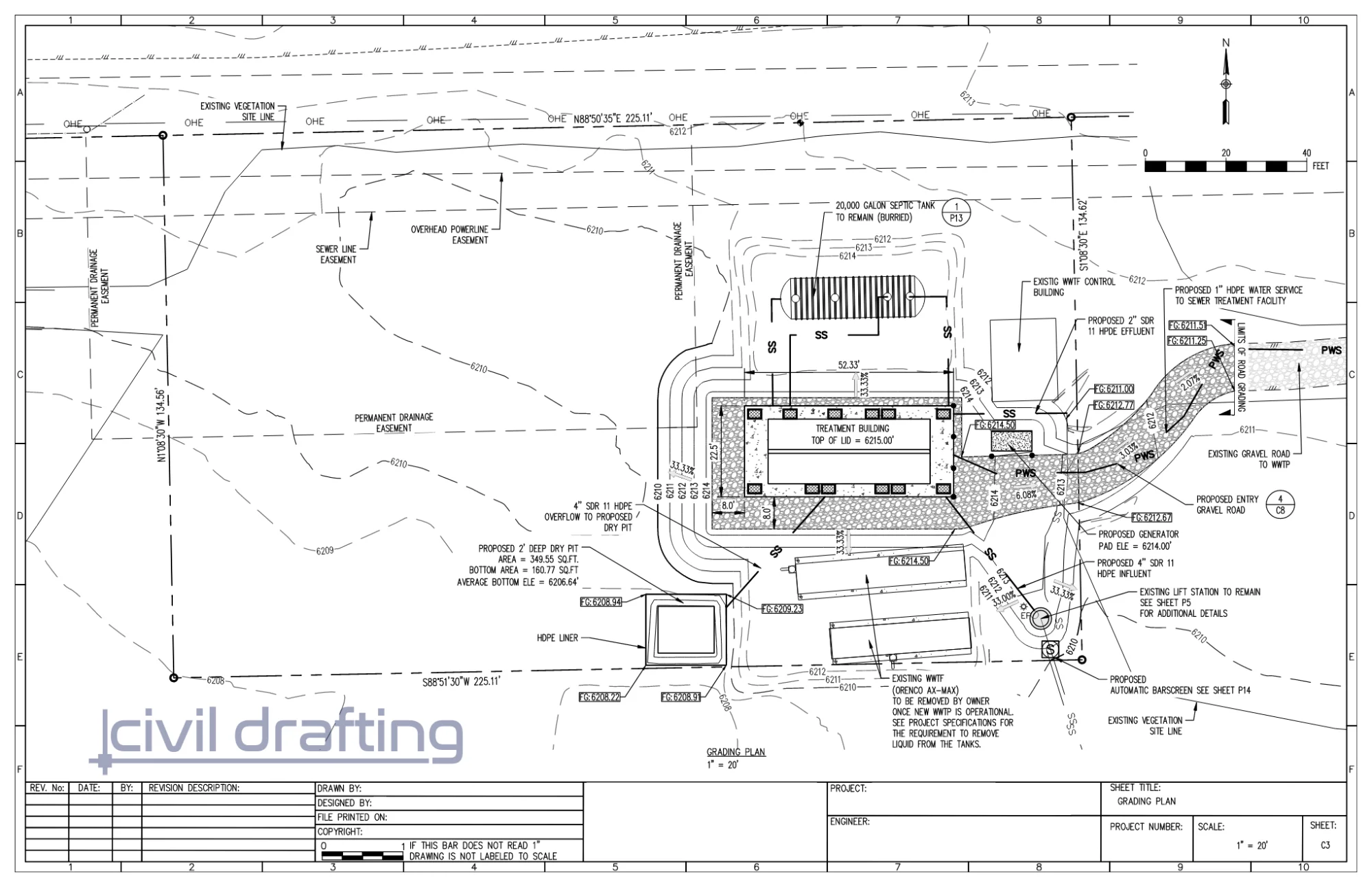 WWTP Grading Plan - River Dance RV Resort Colorado. Detailed grading and drainage design prepared for the River Dance RV Resort wastewater treatment facility, including utility coordination and earthwork planning.