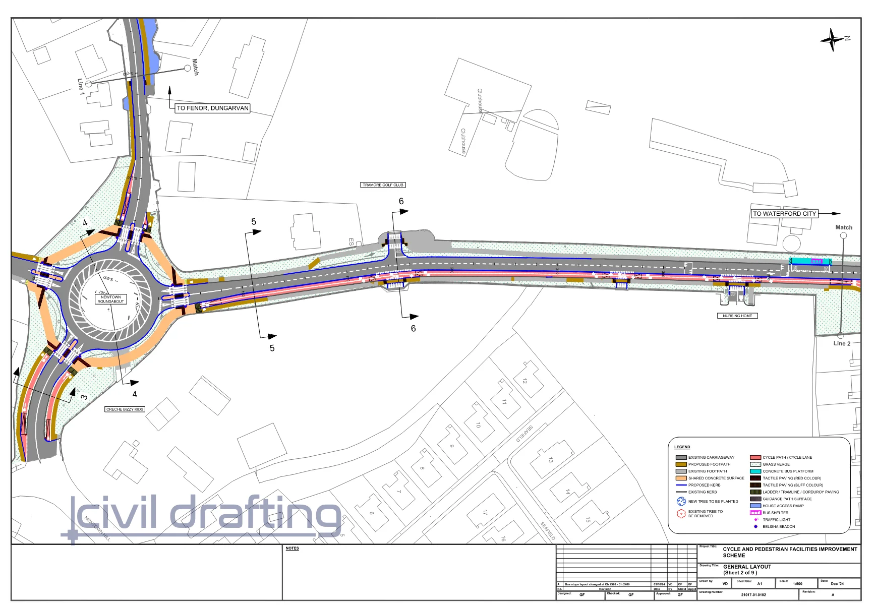 General Layout Section 2 - Tramore Ring Road Reconstruction. This layout highlights a reconstructed roundabout with improved geometry, safer crossings, and coordinated traffic movement.