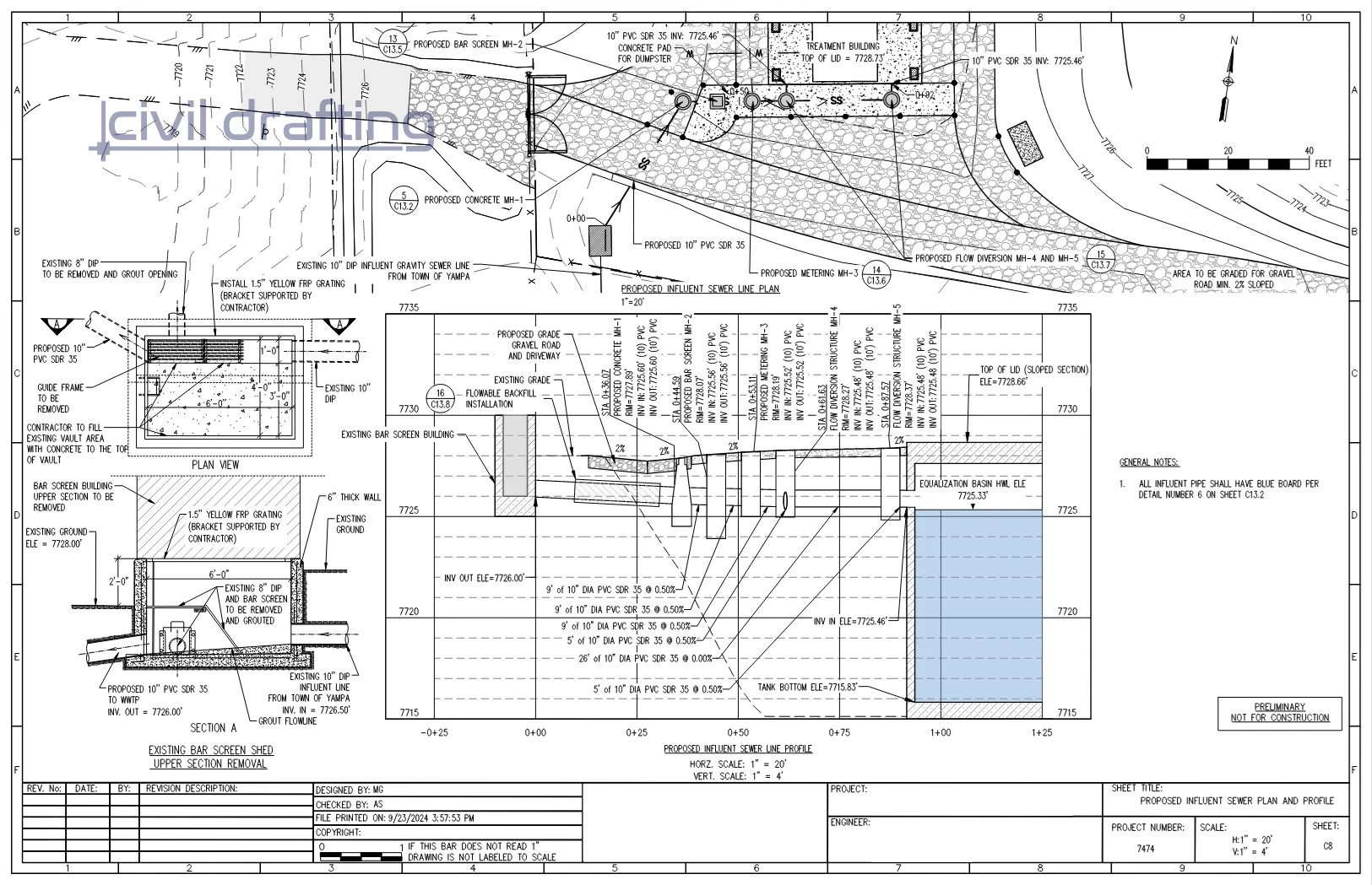 Sewer pipeline profile design -  WWTP Reconstruction. Detailed plan and profile drawing showing proposed influent sewer alignment, pipe slopes, manholes, and connection to the treatment structure.