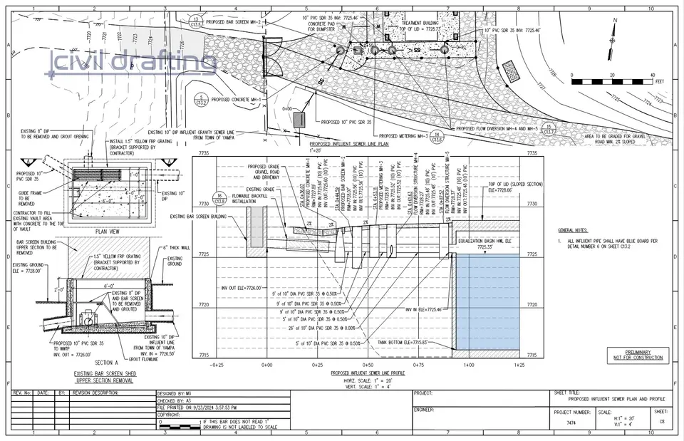 Sewer pipeline profile design -  WWTP Reconstruction. Detailed plan and profile drawing showing proposed influent sewer alignment, pipe slopes, manholes, and connection to the treatment structure.