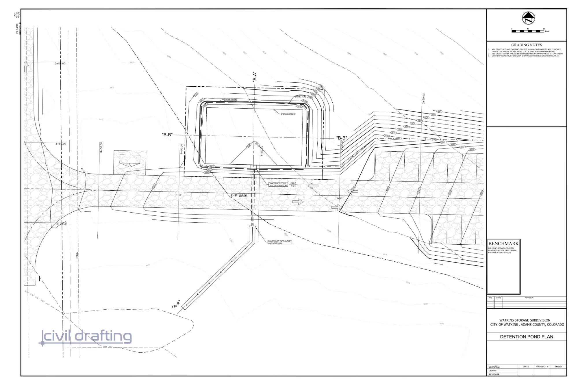 Detention pond plan with contours, pond outlet structure, and pipe outlet with headwall beside the east-west access road