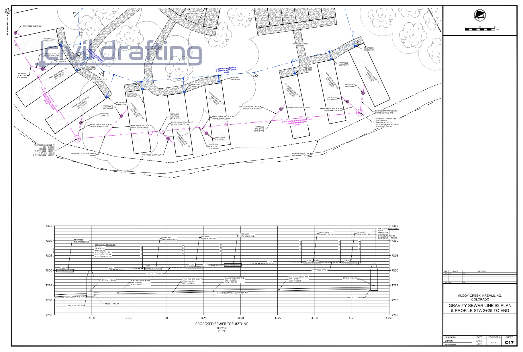 Sewer Plan and Profile - Muddy Creek. This sheet illustrates the sanitary sewer system design, including plan layout and longitudinal profile. It highlights pipe gradients, invert elevations, and connection points required to support the new cabin units.