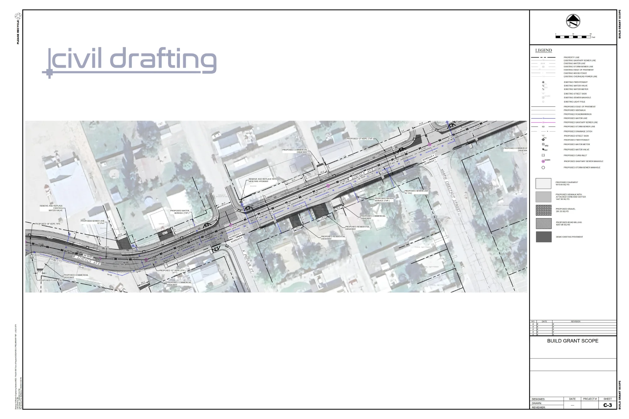 Infrastructure Plan Segment 3 - Town of Hayden Lincoln Avenue. This plan segment focuses on utility upgrades including sanitary sewer lines, water services, fire hydrant replacements, and continued storm drainage improvements along Lincoln Avenue.