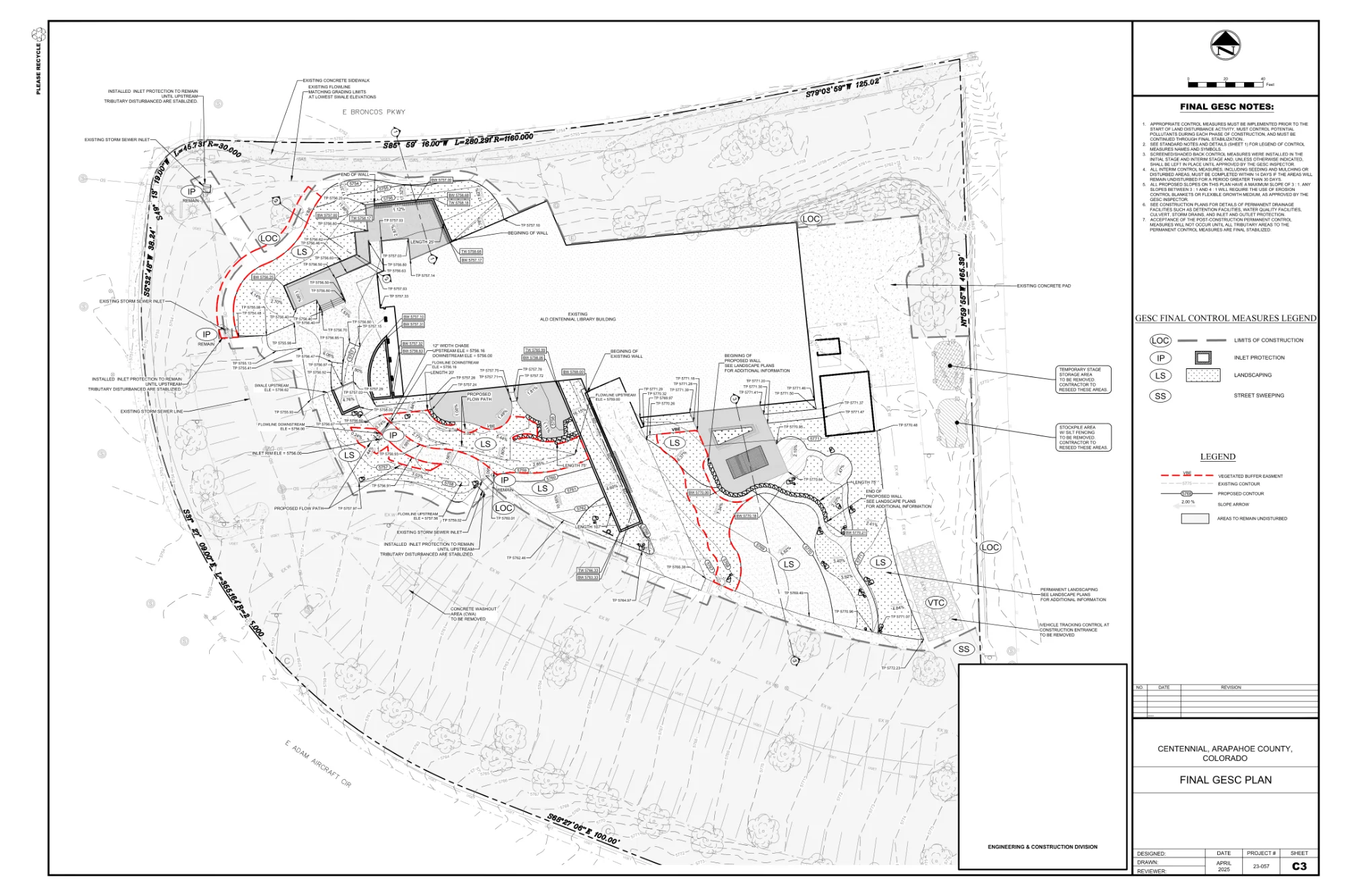Final Gesc Plan - Centennial Library. Final grading, erosion, and sediment control plan showing drainage paths, inlet protection, construction limits, and site stabilization measures for a public library development.