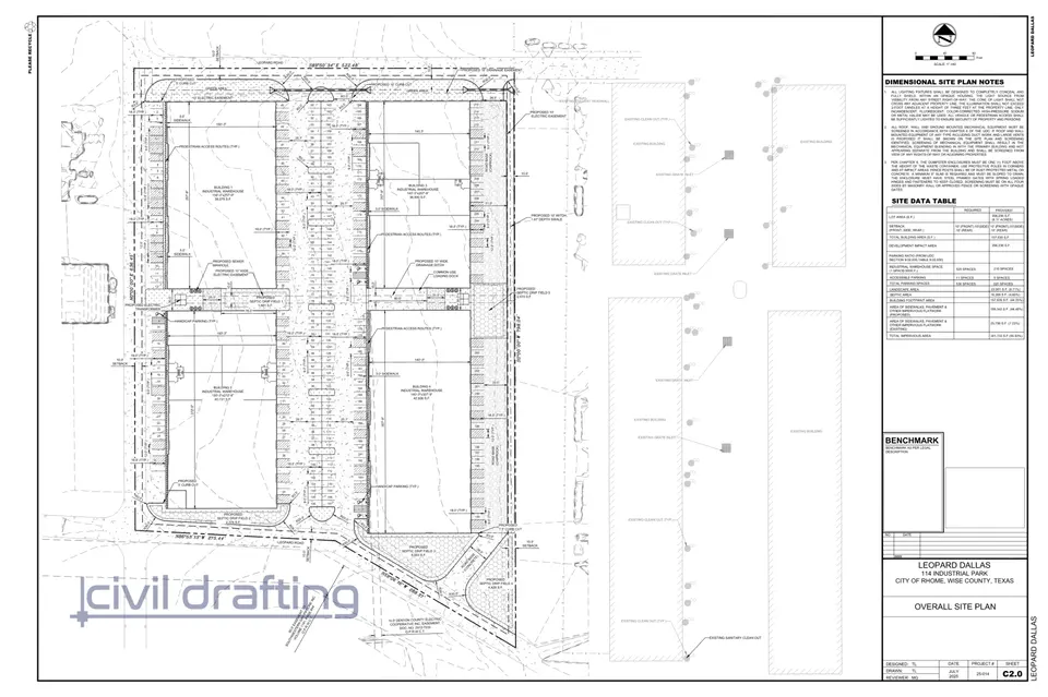 Industrial Site Plan - Dallas TX.  This detailed site plan illustrates an 8.18-acre industrial development with four warehouse buildings, parking layout, septic areas, and drainage infrastructure.