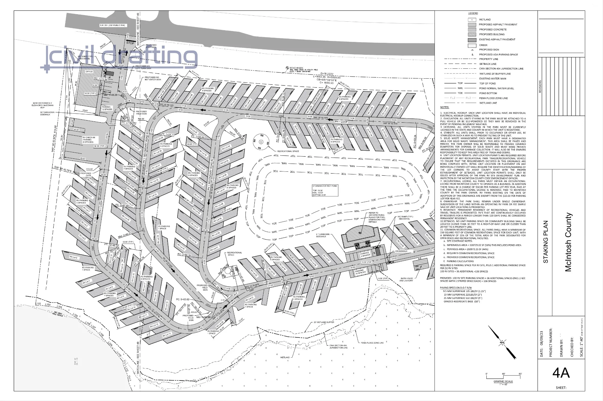 Staking Plan - Oak Bluff RV Park. Detailed staking plan used for construction layout, including RV pad locations, road alignments, and dimensional control for accurate field implementation.