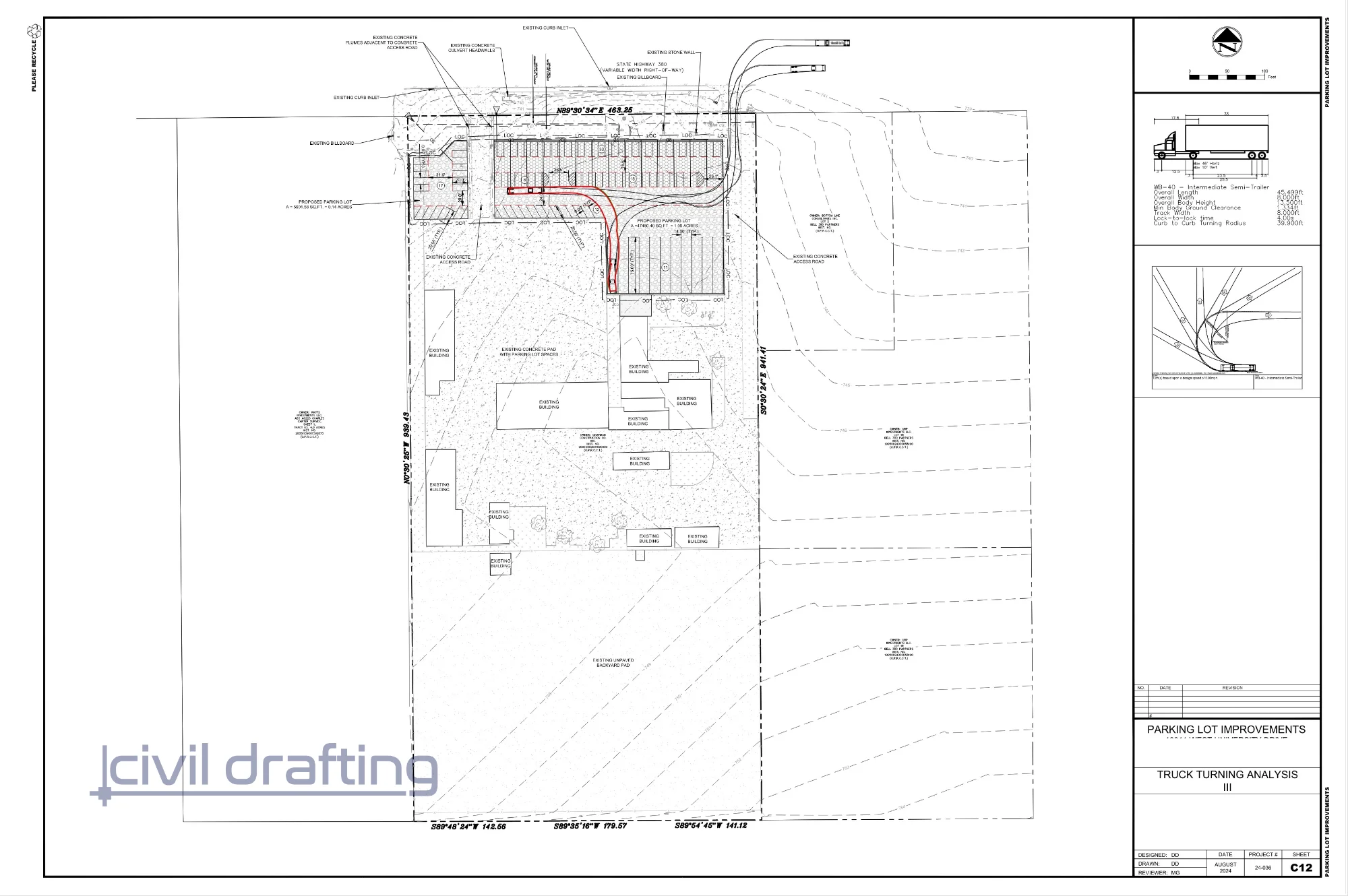 Truck Turning Analysis - University Dr Parking Lot. Turning path analysis confirming adequate maneuverability for large vehicles within the parking layout.