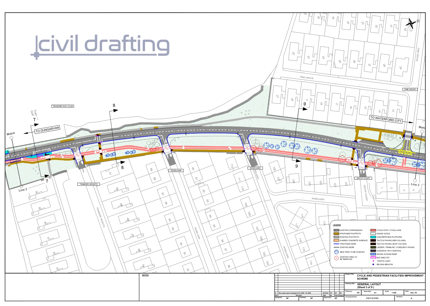 General Layout Section 3 - Tramore Ring Road Reconstruction. This section shows roadway upgrades through a residential zone, preserving access while introducing safer traffic and cycling conditions.