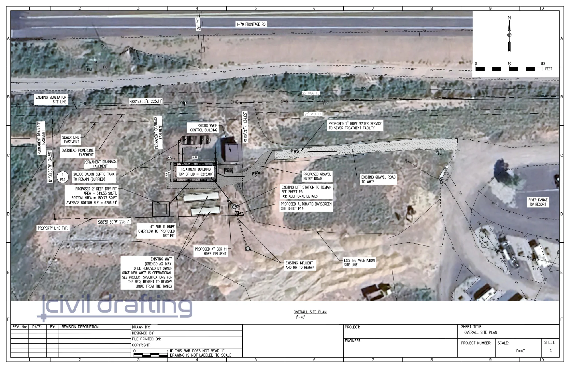Overall Site Plan - Riverdance RV Resort Wastewater Facility. Overall wastewater treatment facility site plan illustrating grading, utility routing, and infrastructure coordination at River Dance RV Resort.