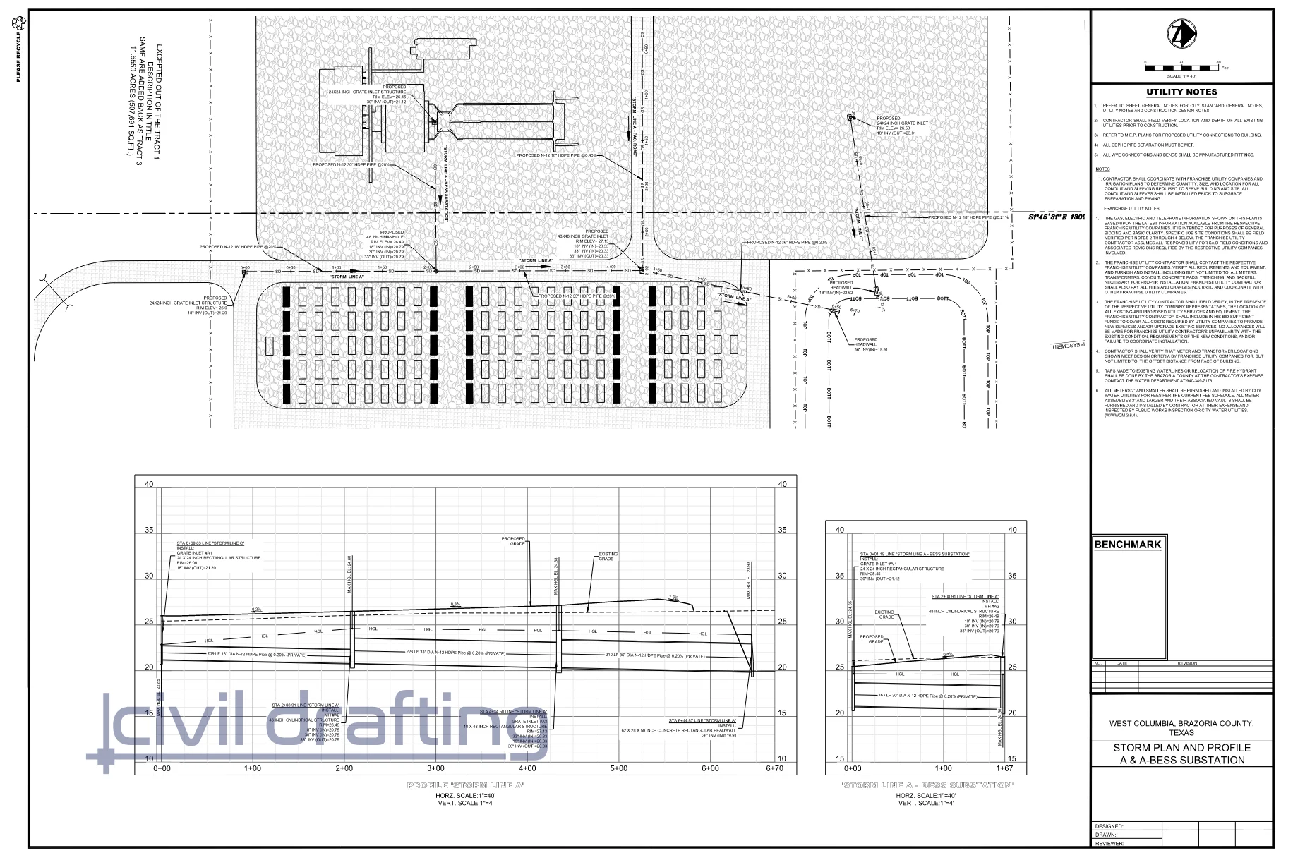Storm Plan - BESS Facility. Stormwater system plan and profile detailing pipe network layout, elevations, and hydraulic flow conditions.
