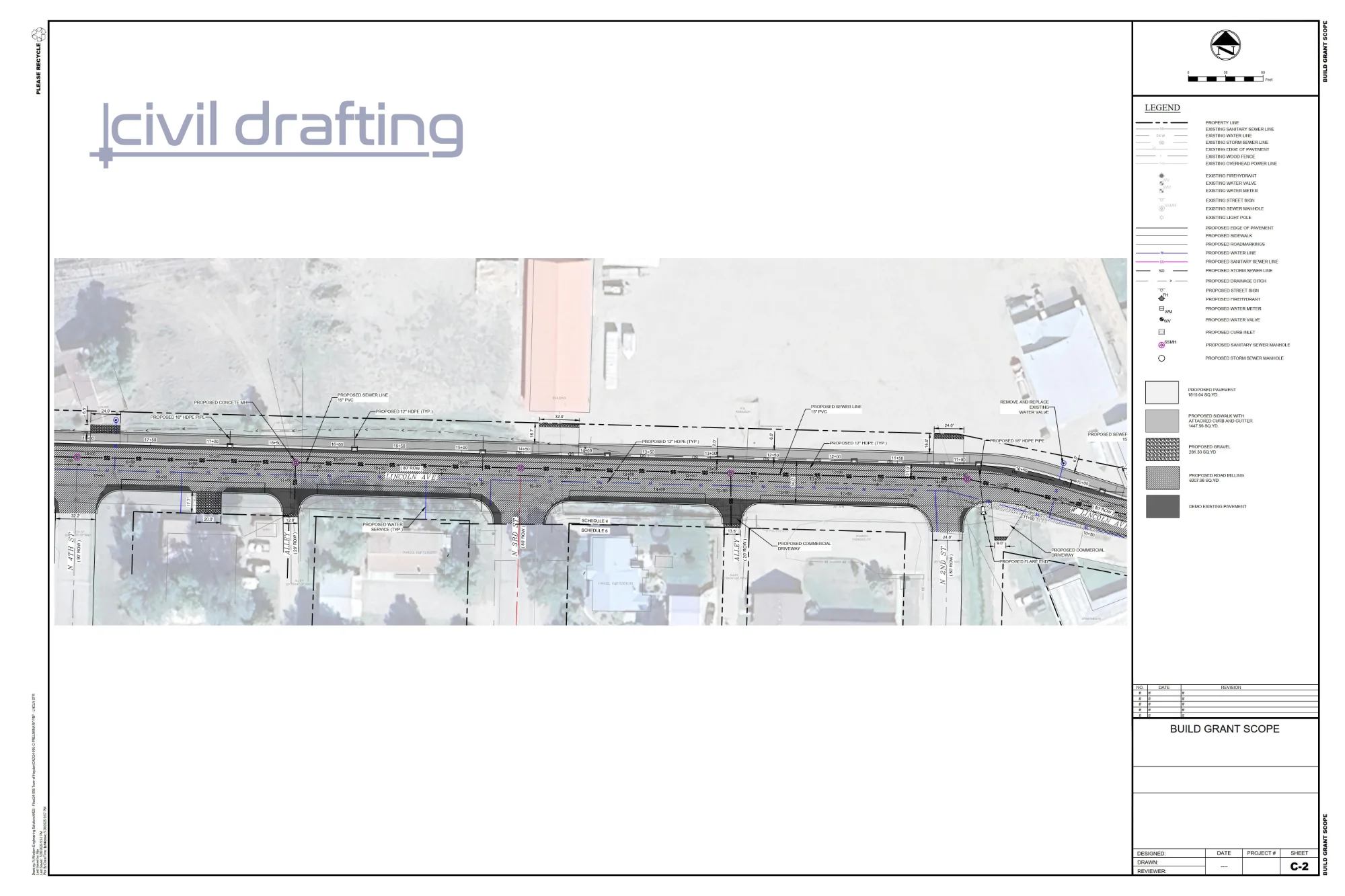 Infrastructure Plan Segment 2 - Town of Hayden Lincoln Avenue. This segment highlights additional roadway improvements including commercial and residential driveways, storm sewer pipe installations, culverts, and utility coordination along Lincoln Avenue.