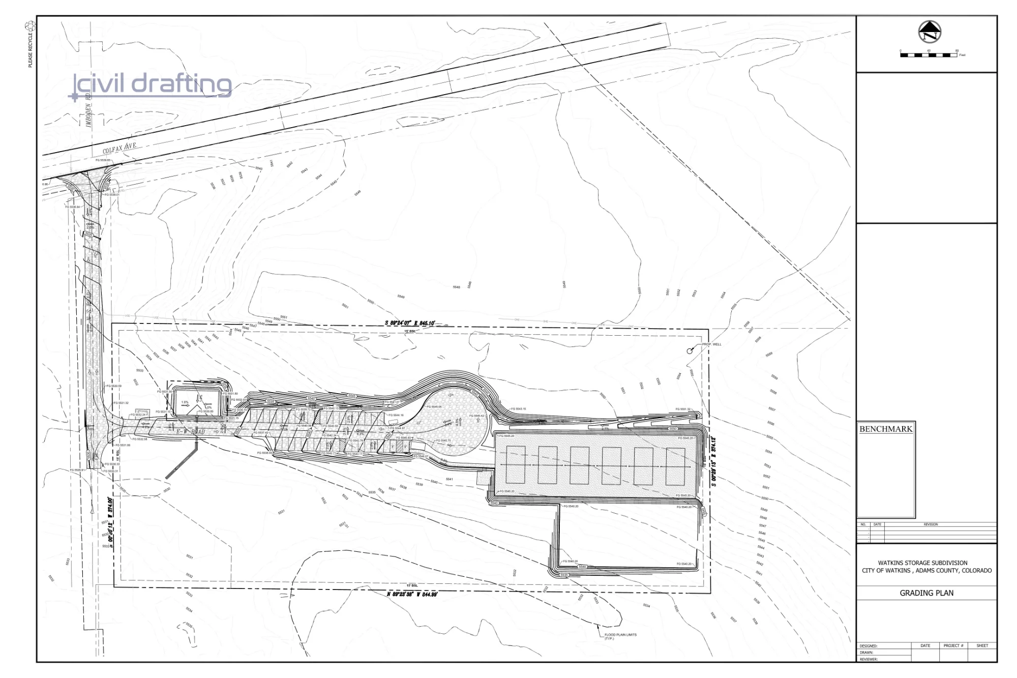 Grading plan with proposed contours and finish grades for the volleyball courts, parking, access roads, and detention pond