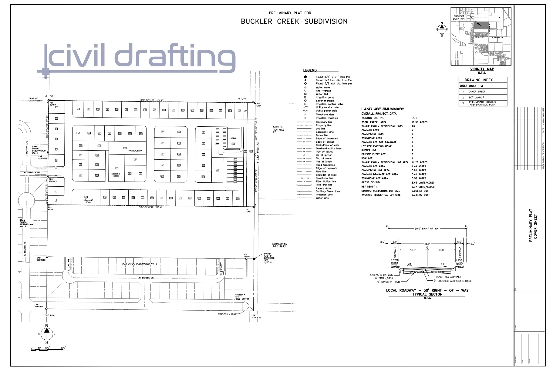 Preliminary plat cover sheet with lot layout, vicinity map, land use summary, and typical local roadway section