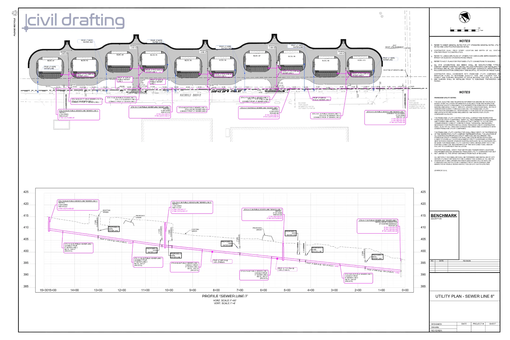 Sanitary sewer plan and profile for Hutchins Industrial Park showing the 8-inch public sewer line, building service connections, and water line crossings
