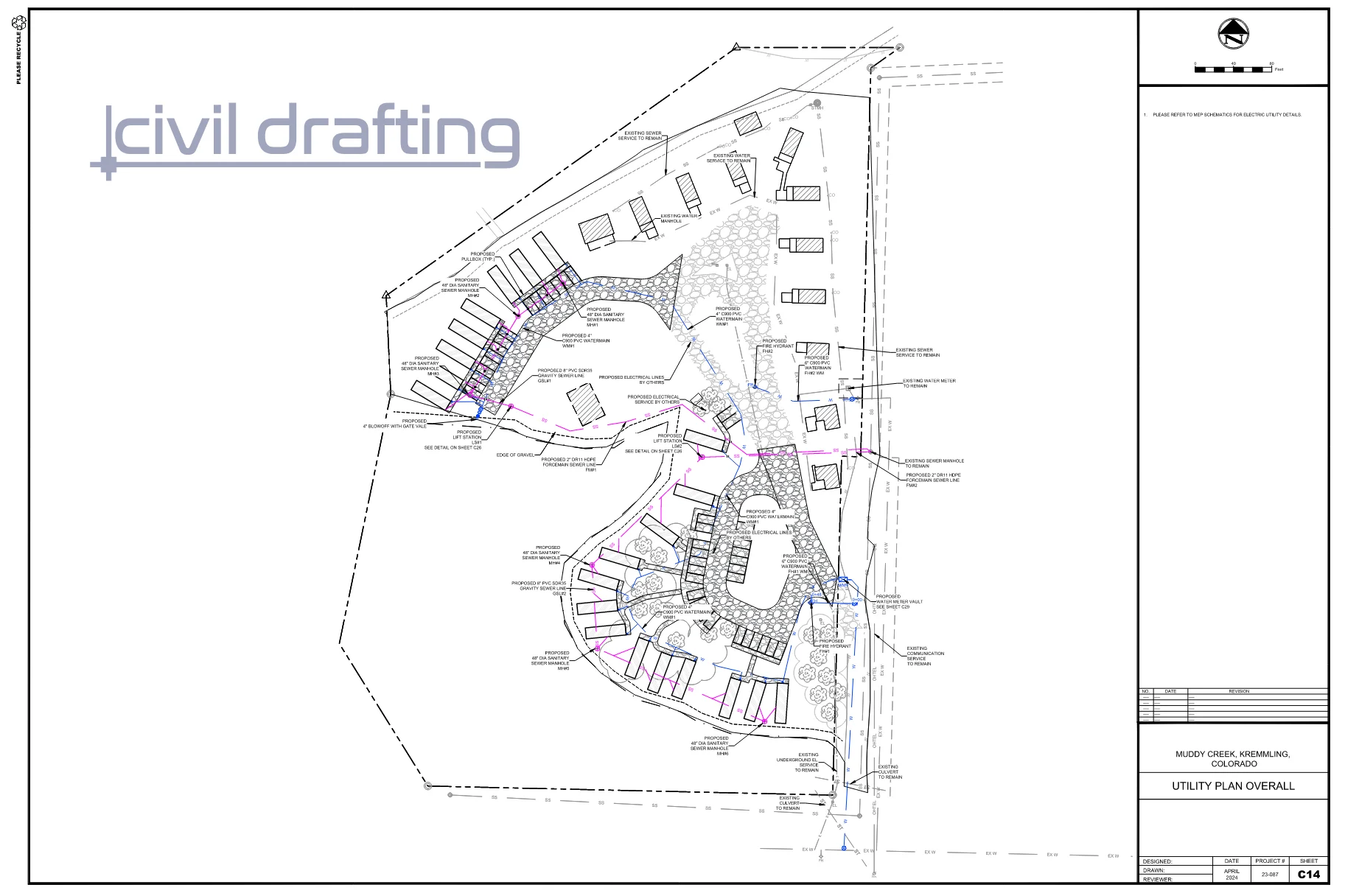 Utility Plan - Muddy Creek. This drawing presents the overall utility layout for the Muddy Creek project, including sanitary sewer lines, water distribution systems, fire hydrants, and infrastructure connections across the expanded cabin development.