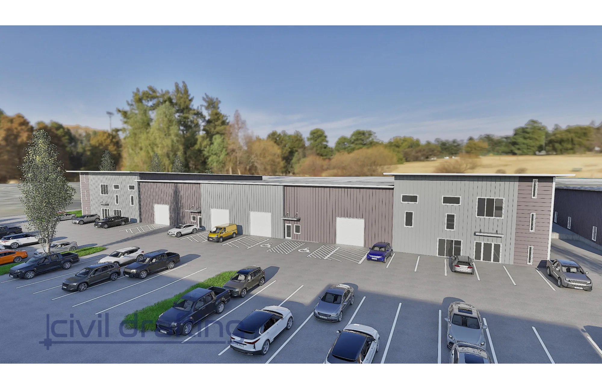 Industrial Site Rendering with Parking Layout - Dallas TX. This rendering illustrates the full industrial site layout at Leopard Industrial Park, including warehouse units, ADA-compliant parking, and efficient vehicle circulation design for commercial operations in Dallas, Texas.