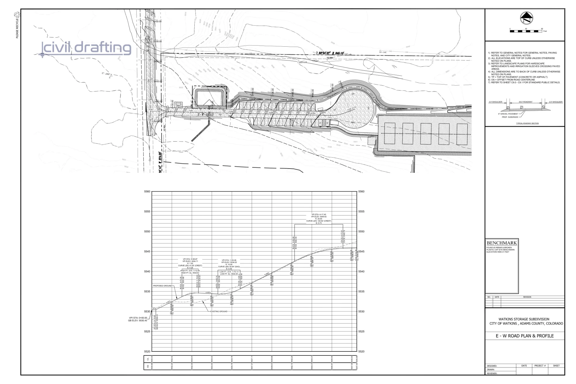 East-west access road plan and profile with vertical curves, stations, and typical gravel roadway section