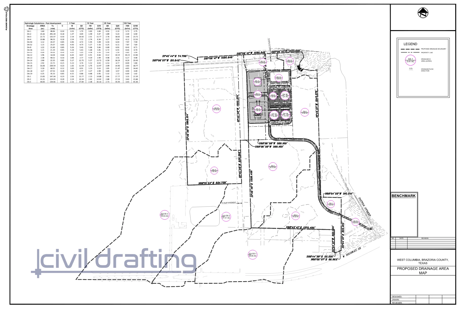 Drainage Area Map - BESS Facility. Drainage area map illustrating watershed boundaries, flow paths, and contributing areas used for hydrologic analysis.
