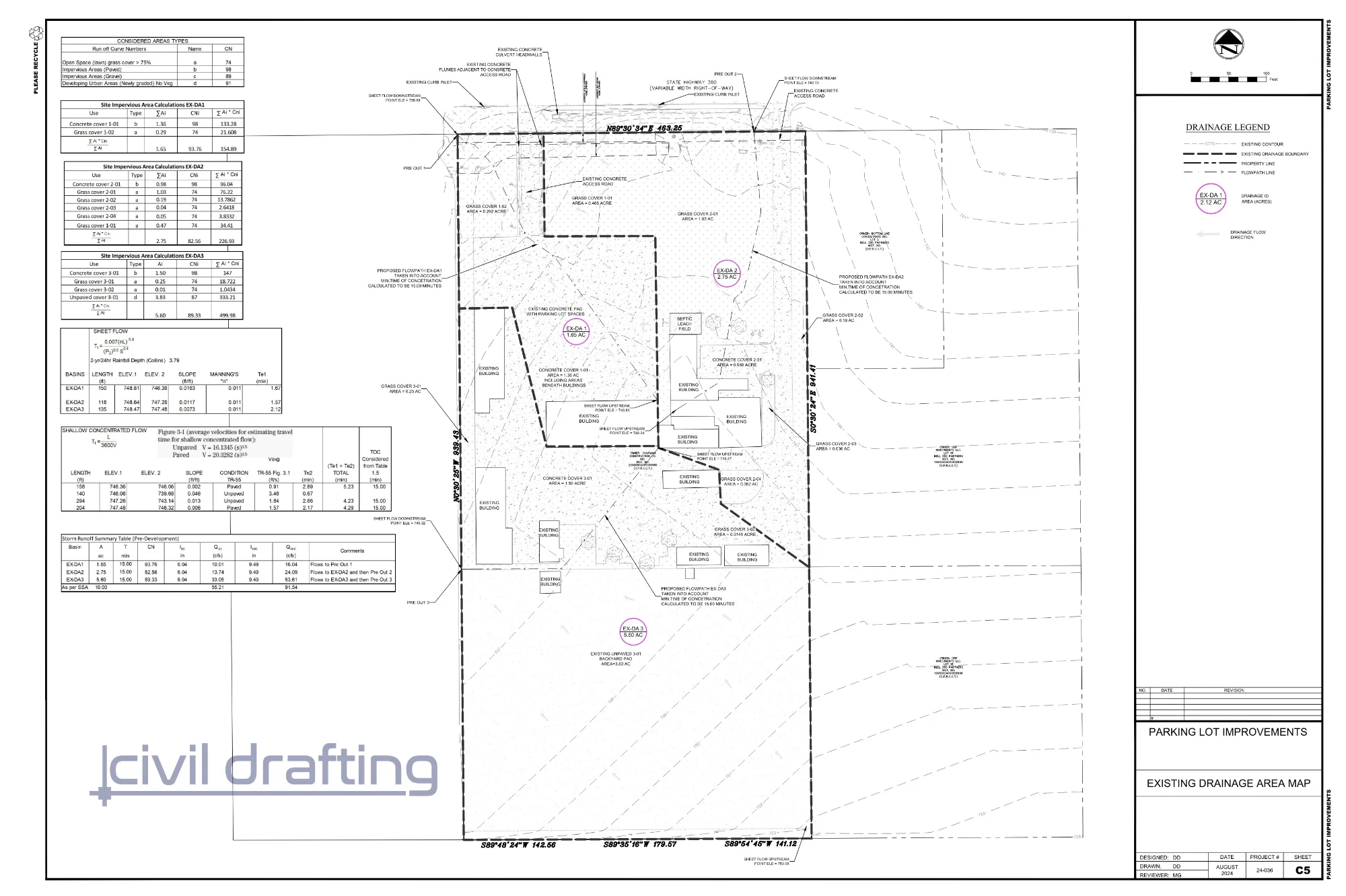 Existing Drainage Area Map Pre-Development - University Dr Parking Lot. Map with pre-development drainage patterns used as a basis for stormwater design and comparison.