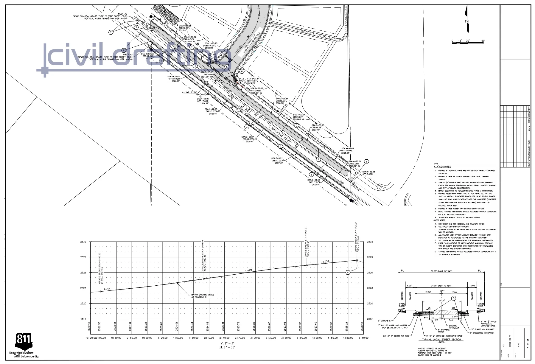 Plan and profile of E Railroad Street with curb, sidewalk, storm inlets, and typical street section at the subdivision entrance