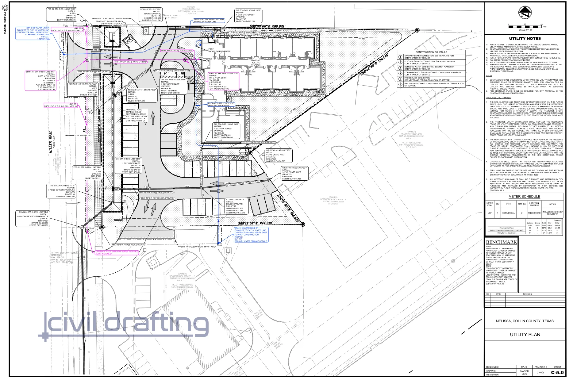 Utility Plan - Miller Road Montessori School. This plan details the routing and coordination of all underground utilities, including storm drainage systems, sanitary sewer connections, and domestic and fire water lines across the site.