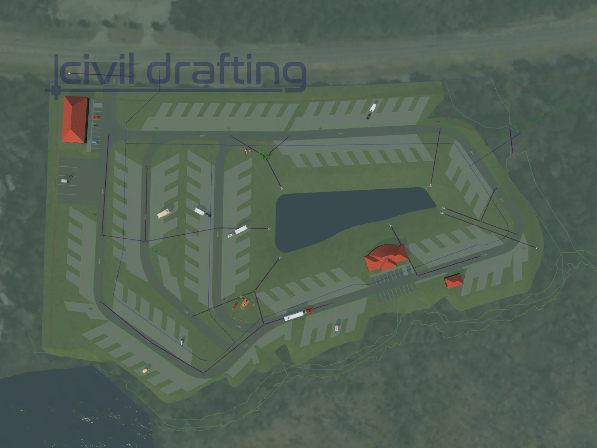 Oak Bluff RV Park Utility Layout. Overlay plan displaying utility routing, including water, sewer, and service connections integrated within the site layout for the RV park development.